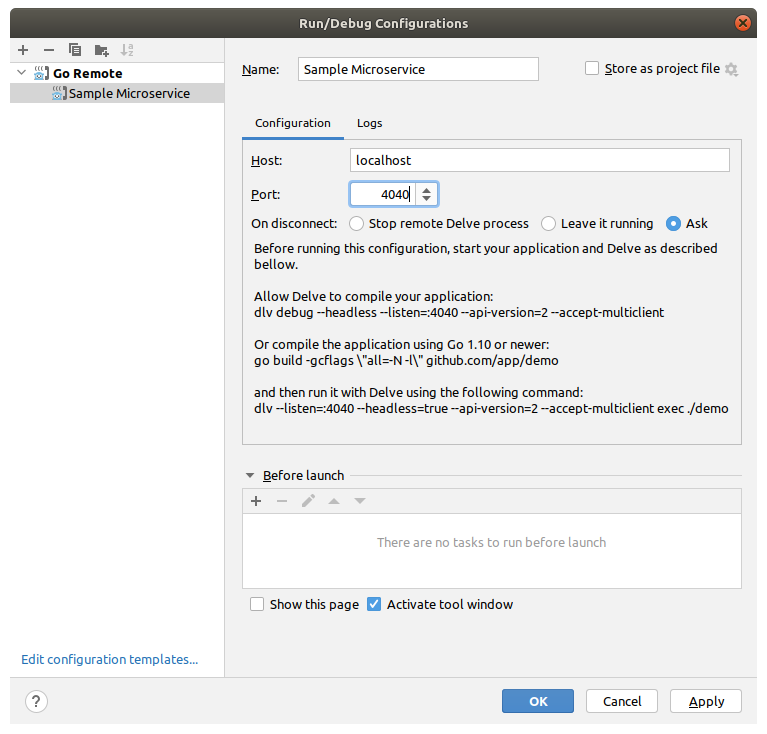 GoLand/IntelliJ Debugging Konfiguration